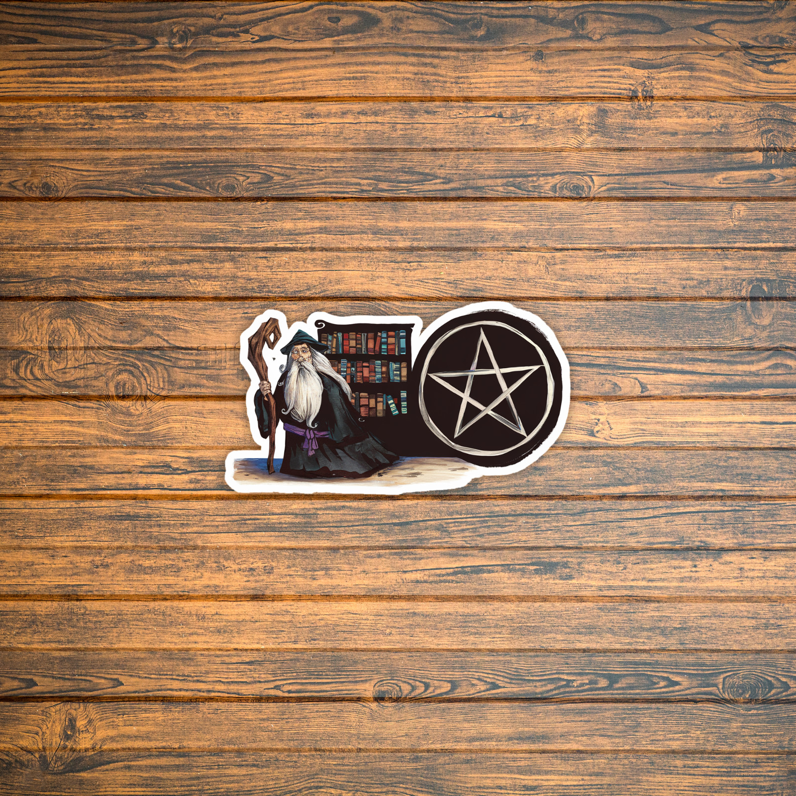 Wise Wizard Sticker with Pentagram & Bookshelf Vinyl Decal for Witches & Magic L