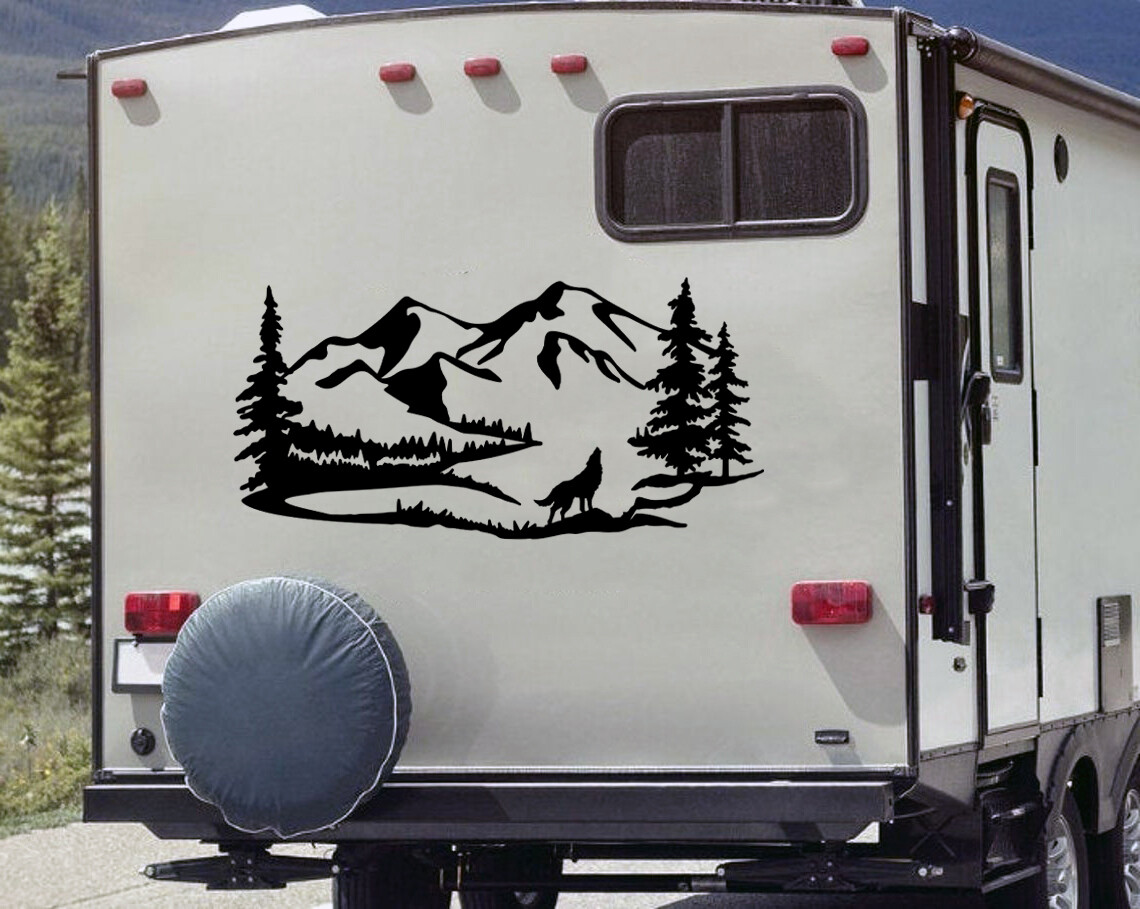 Howling Wolf Mountain Scene Vinyl Decal V2 – RV Motorhome Graphics – Die Cut