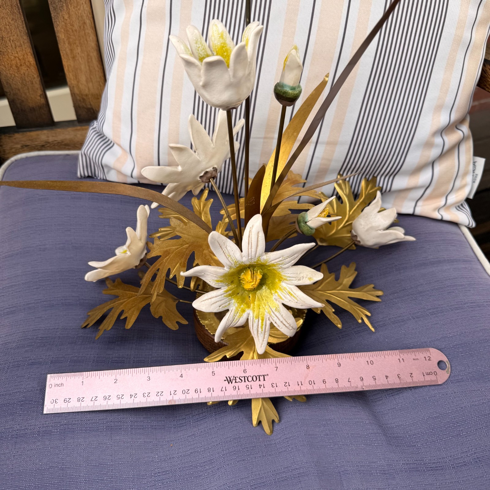 Vinitage Winifred Cole MCM Porcelain Flowers and Brass Leaves Sculpture