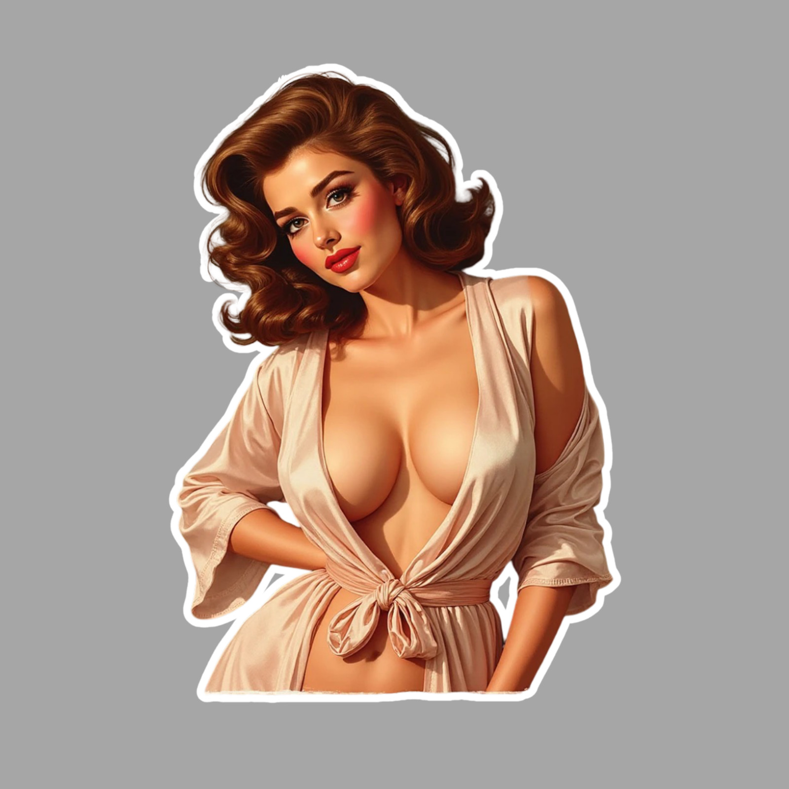 Pinup girl sticker vinyl decal retro vintage robe lingerie brunette red lipstick