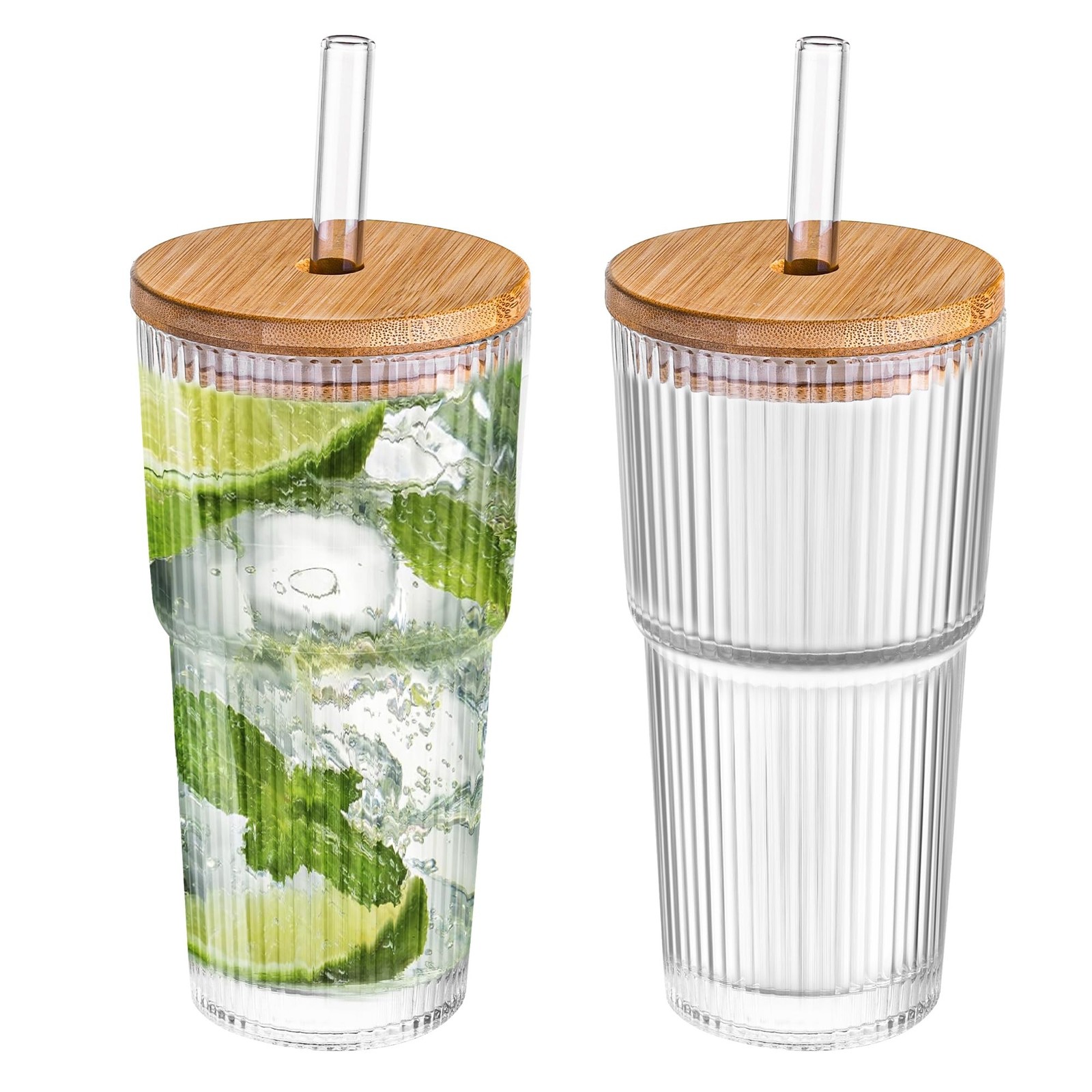 20 oz Ribbed Glass Tumblers with Bamboo Lids and Straws, 2 Pcs Wide Mouth Thi…