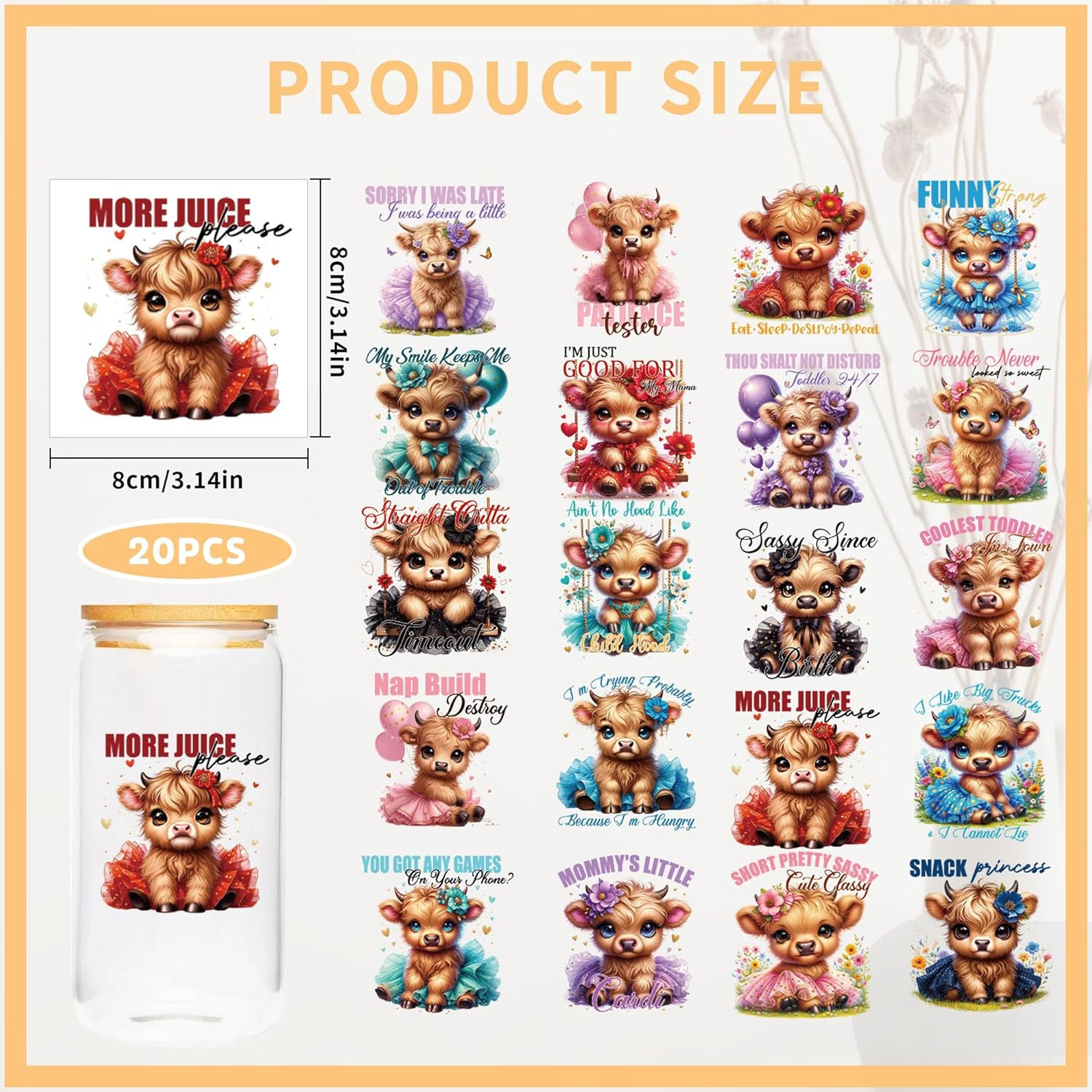 Highland Cow UV DTF Cup Wraps – 20 Sheet Cute Highland Cow UV DTF Transfer Stick