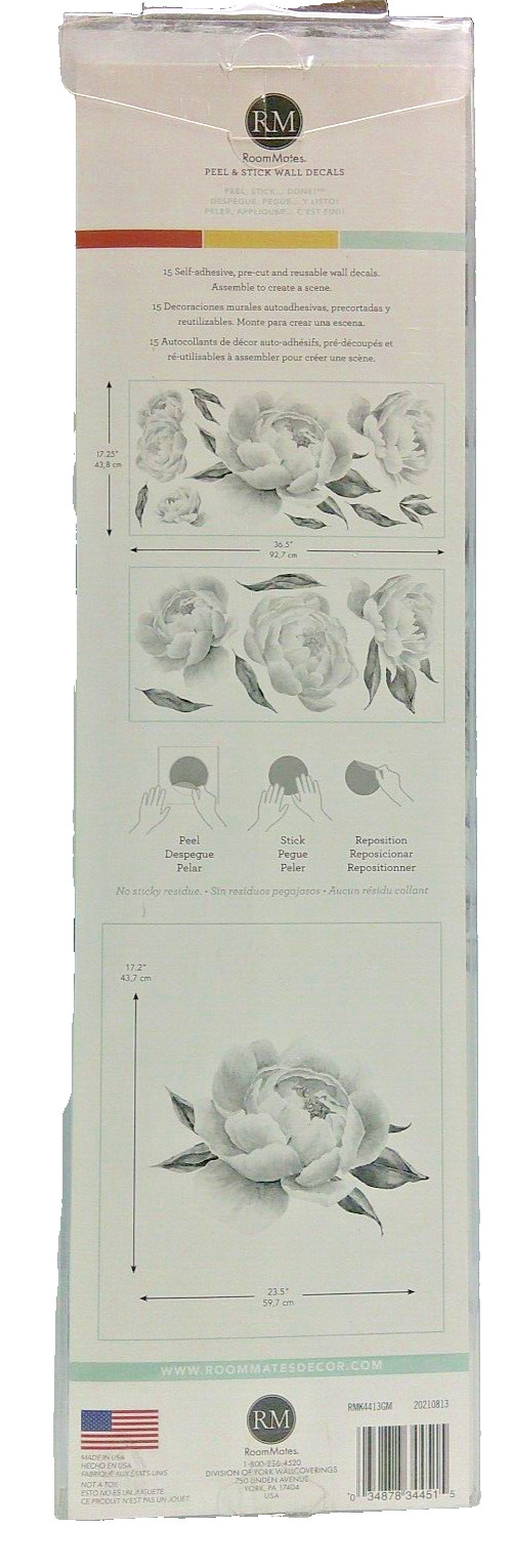 NEW RoomMates Black White Peony Giant Peel Stick Wall Decals Home Decor Floral
