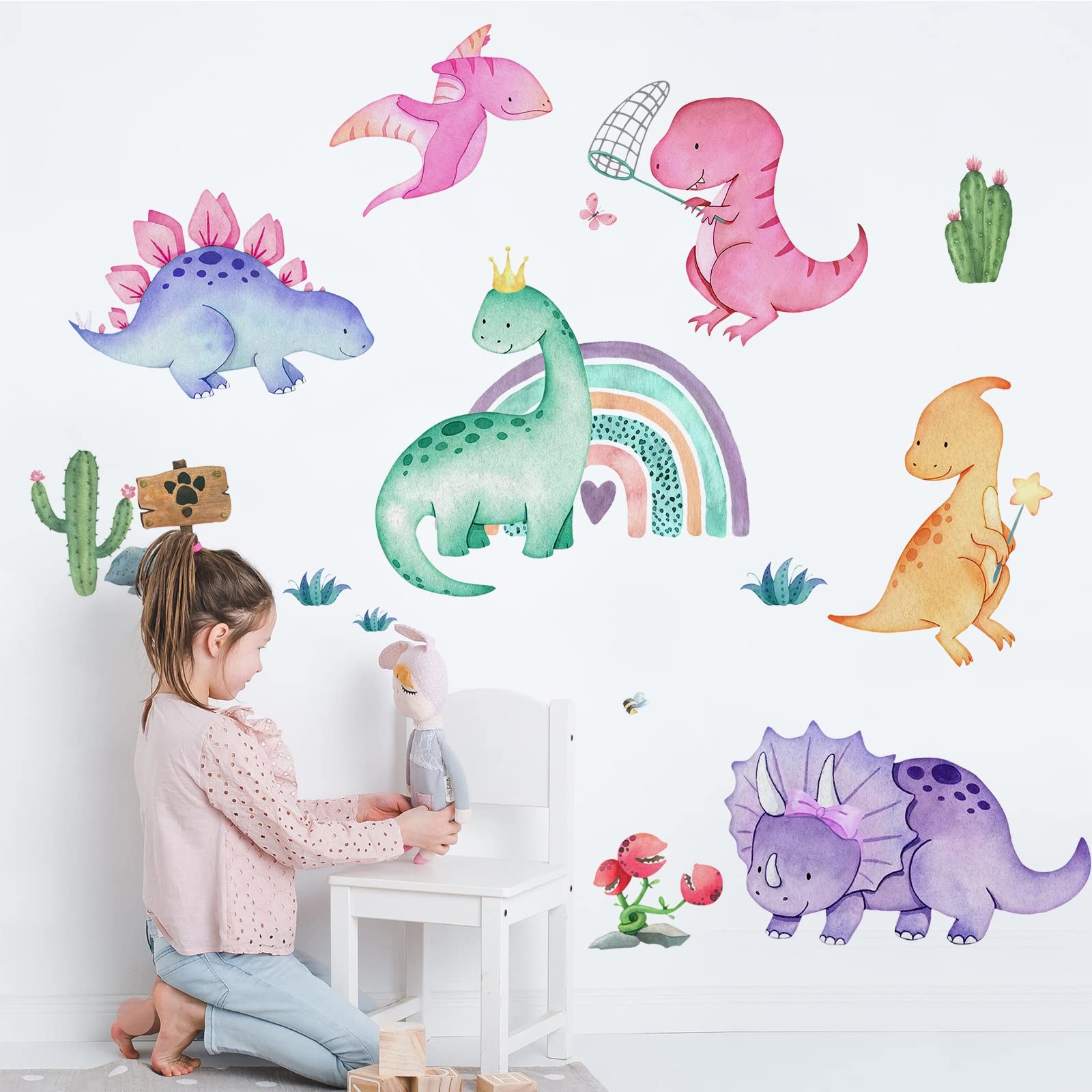 Girls Dinosaur Wall Decals Stickers, Dino Rainbow Cactus Nursery Decor, Tropi…