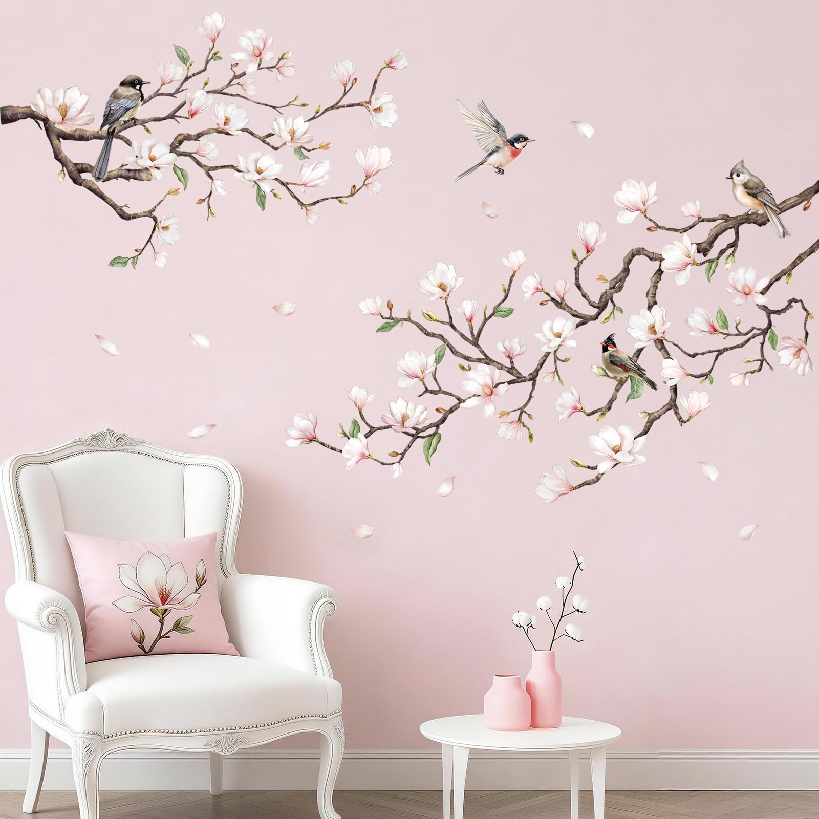 White Magnolia Tree Wall Decals, Trees Flowers Wall Stickers Peel and Stick W…