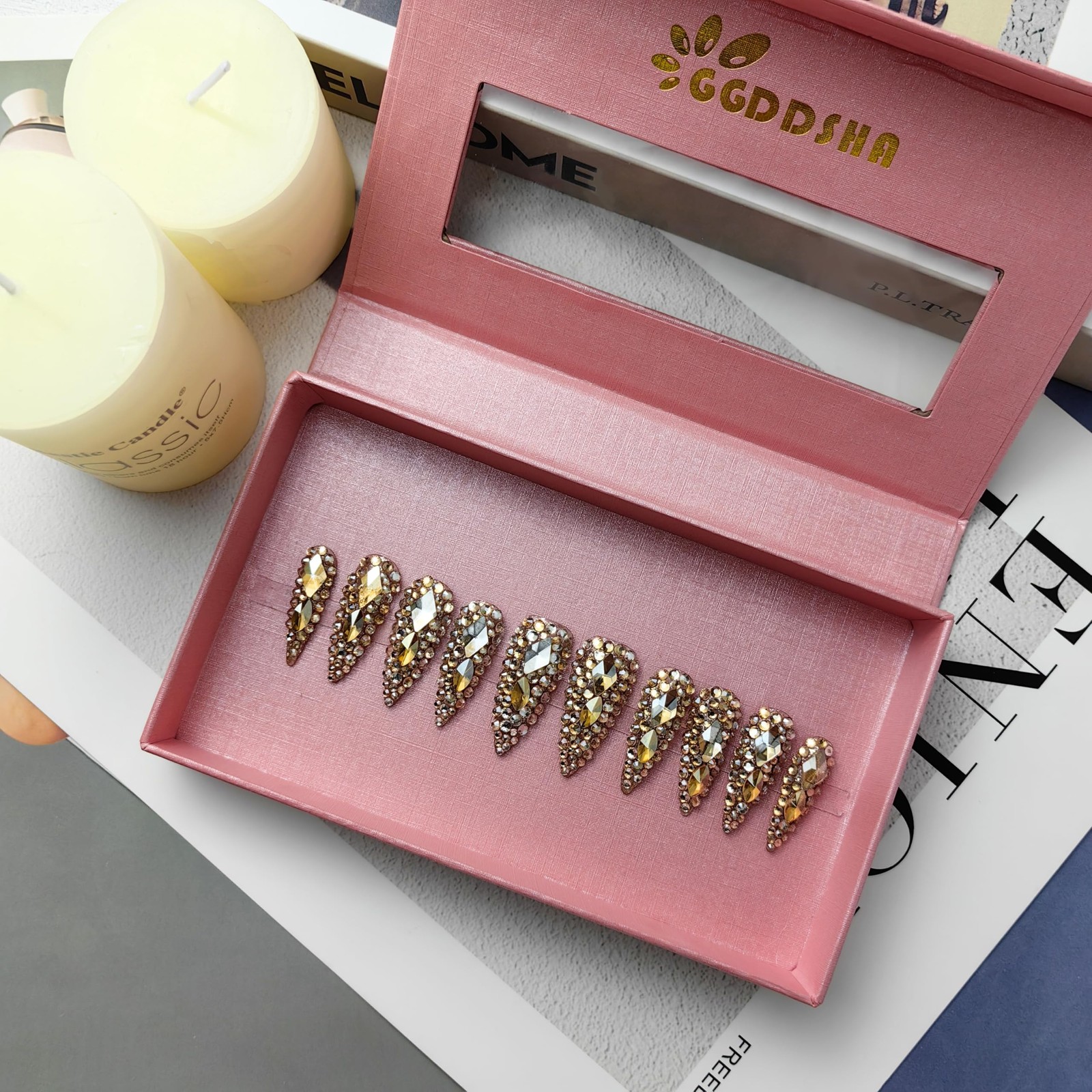 GGddsha Full Diamond Medium Almond Press On NailsReusable PMMA Acrylic Handmade