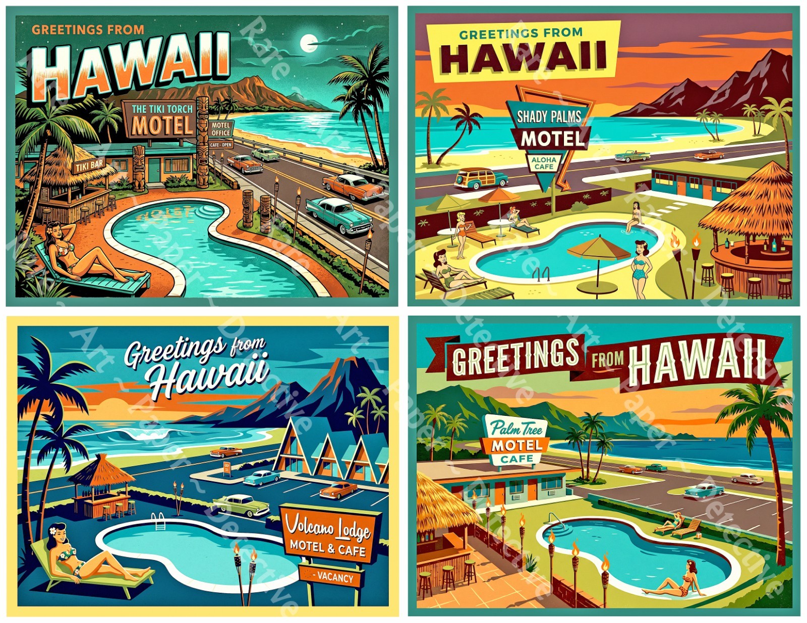 Hawaii Luggage Label Stickers, Mid-Century Modern, 4 Labels on 1 Sheet, 1534
