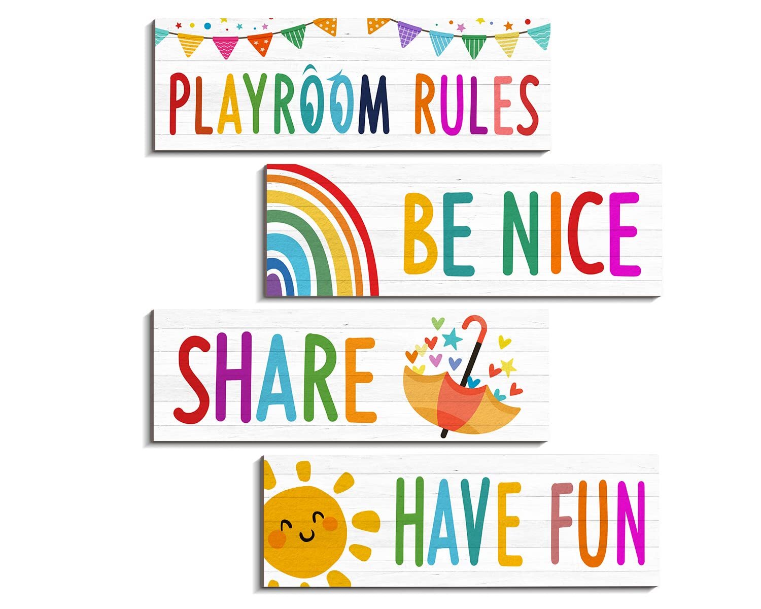 Playroom Sign Kids Wall Decor 4Pcs Rules Quotes Be Nice Share Have Fun Wooden