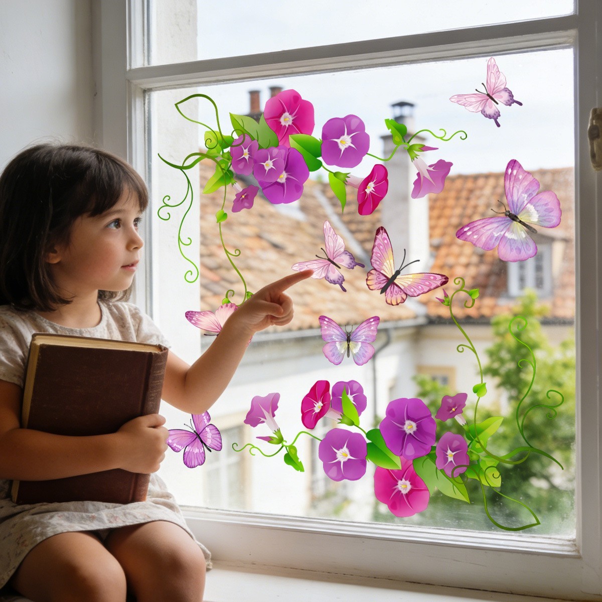Seasonal Reusable Morning Glory Butterfly Window Clings 11.81×23.62 in