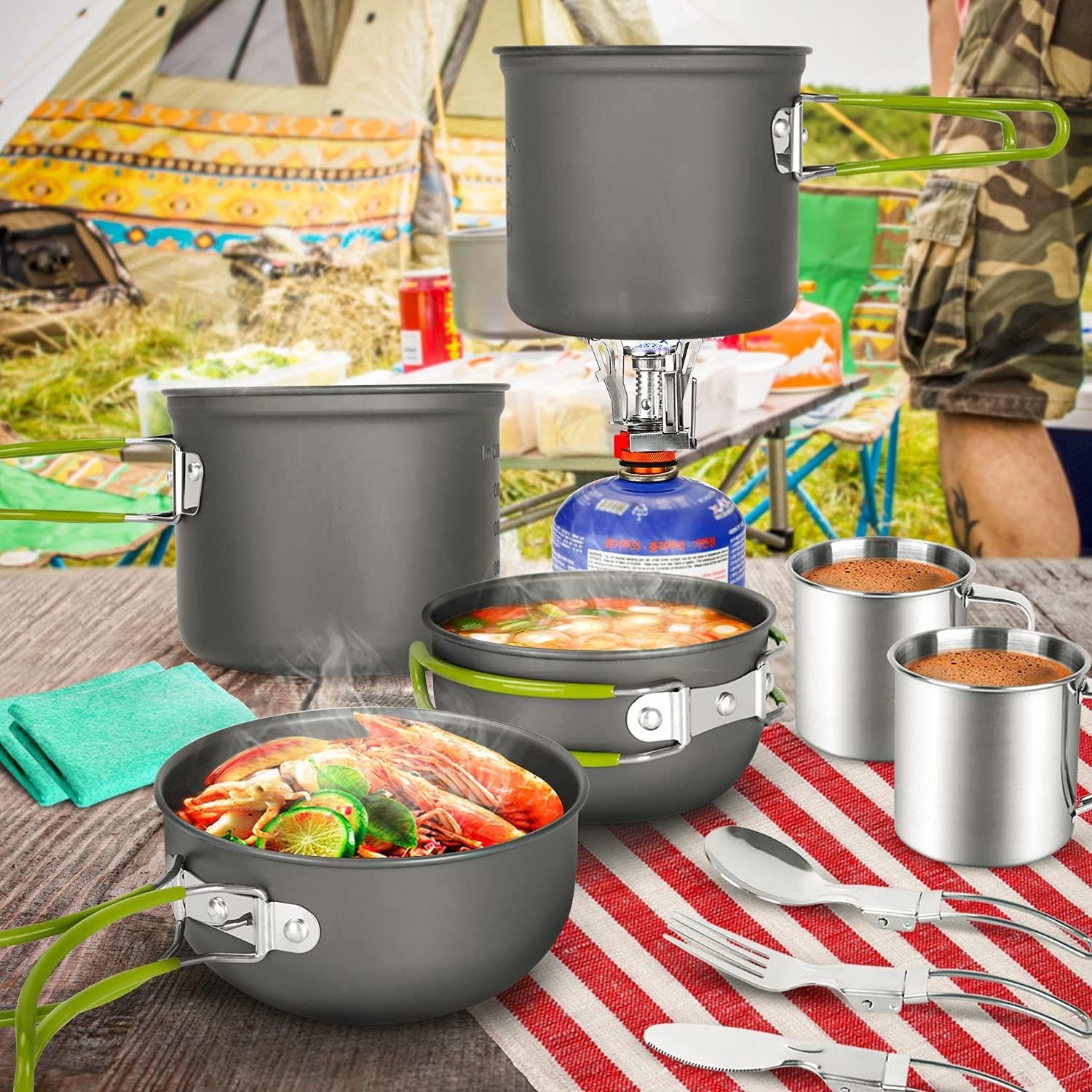 16pcs Camping Cookware Mess Kit, Lightweight Pot Pan Mini Stove with 2 Cups, For