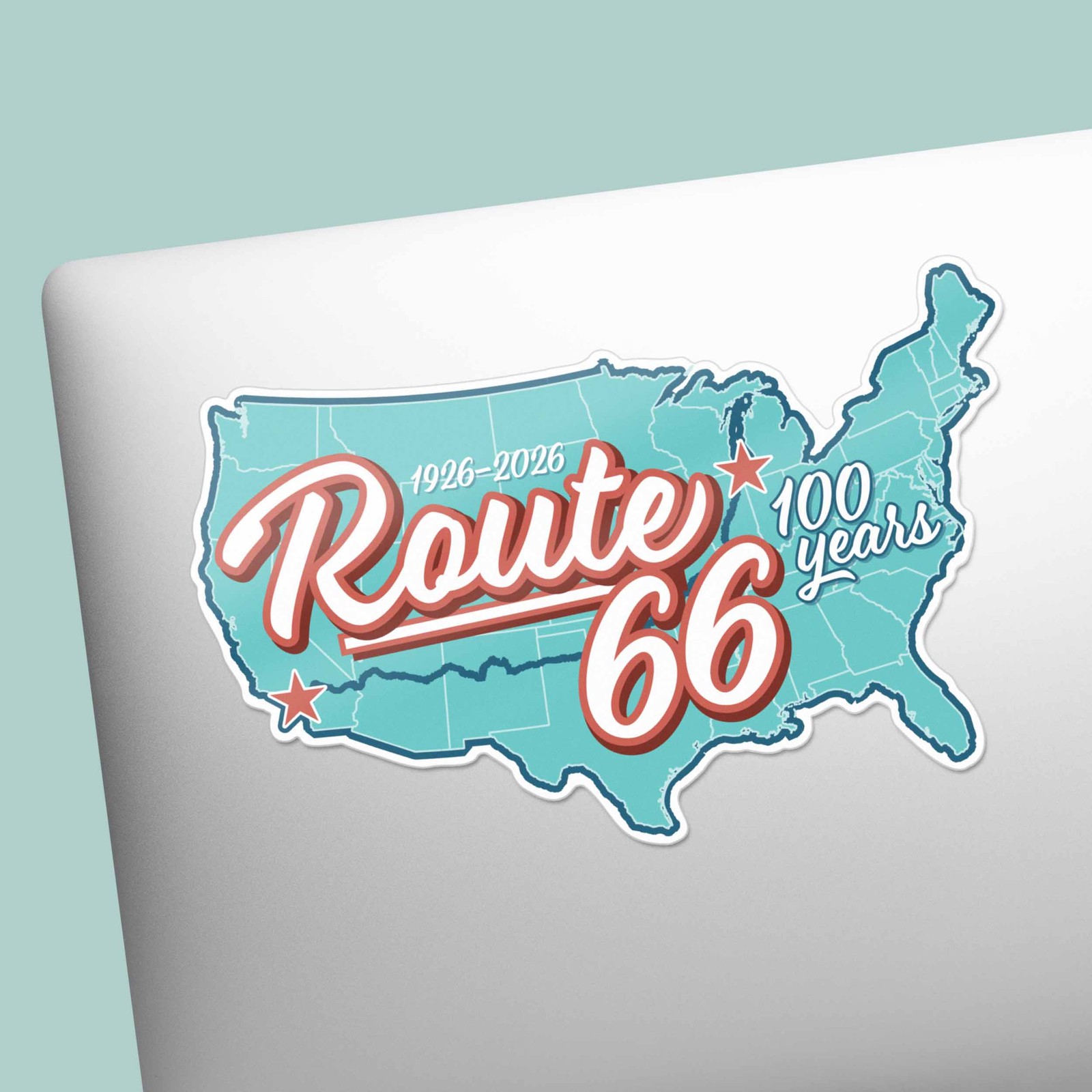 100th Anniversary Route 66 Sticker – Retro USA Road Map- Thermos & Laptop Decal