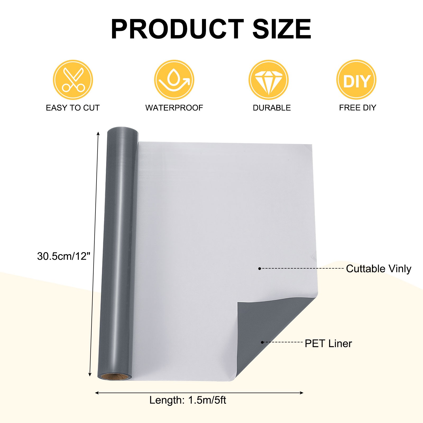 Gray Permanent Vinyl, 12 Inch x 5ft Adhesive Vinyl Roll