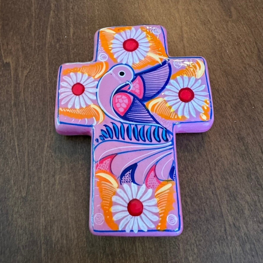 Hanging Wall Art Cross Decor Talavera Pottery Pink Orange Bird Flowers Floral