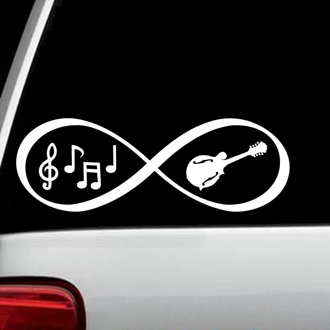 Mandolin Bluegrass Music Notes Infinity Decal Sticker for Car Window BG 189