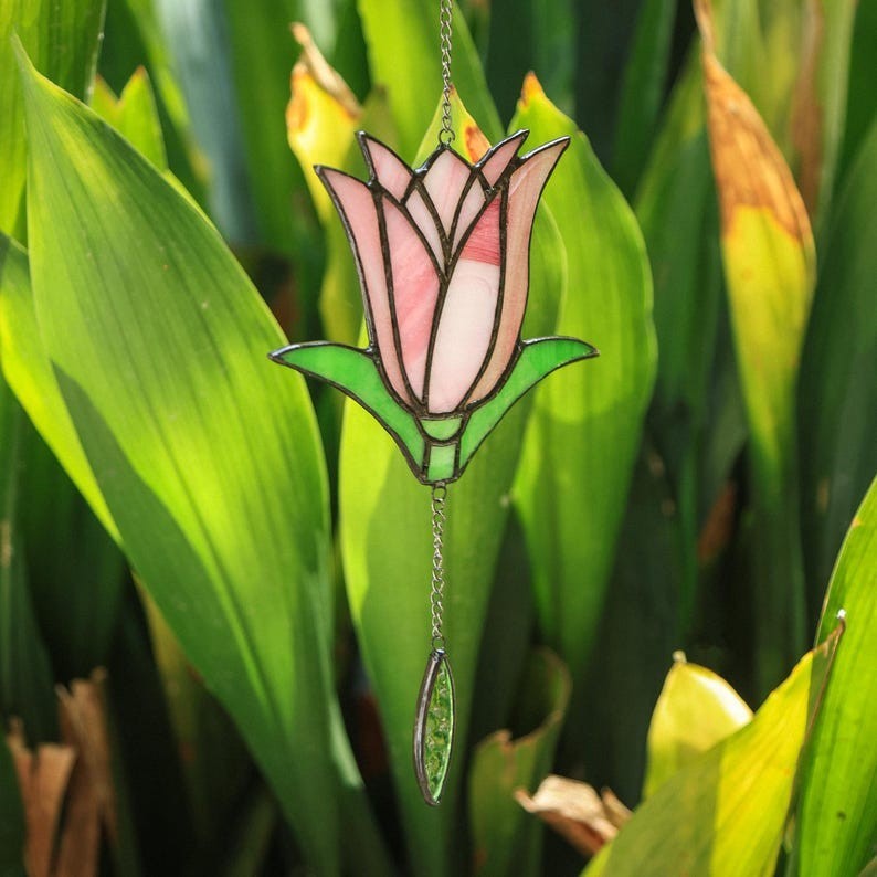 Unmarked Stained Glass Pink & Green Flower Suncatcher, Ready To Hang