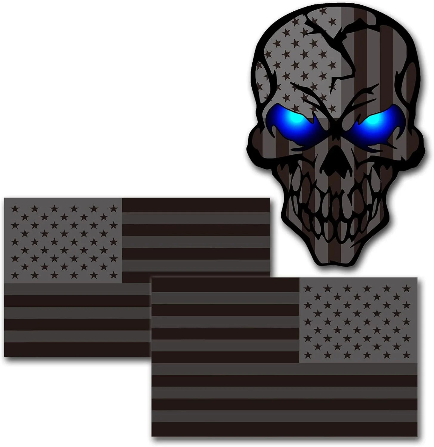 3 Pack 5.1"Reflective All Black American Flag Sticker, Skull Decal with Black US