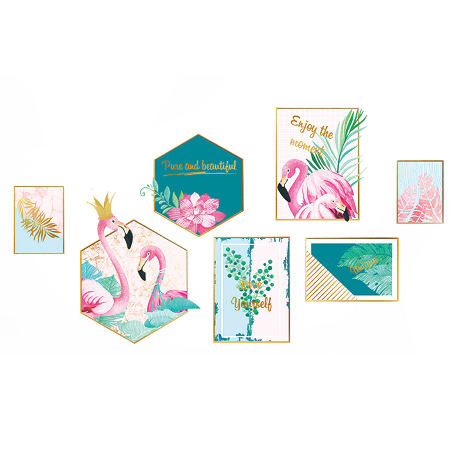 WALL STICKER Pink Green Flamingo Frame Tropical Leaves Removable PVC Living Room