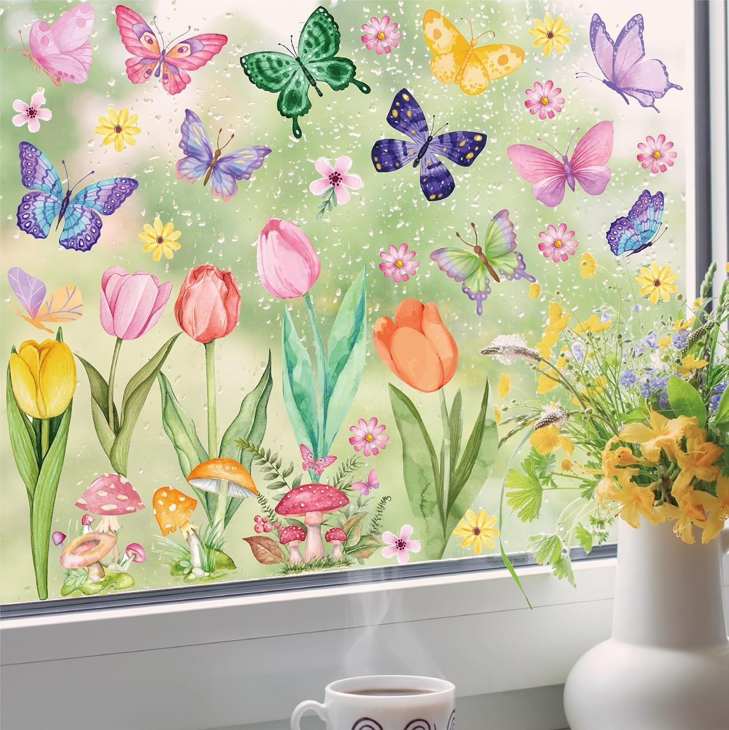 Spring Window Cling Sticker – 83PCS Tulip Butterfly Flower Hummingbirds Windo…