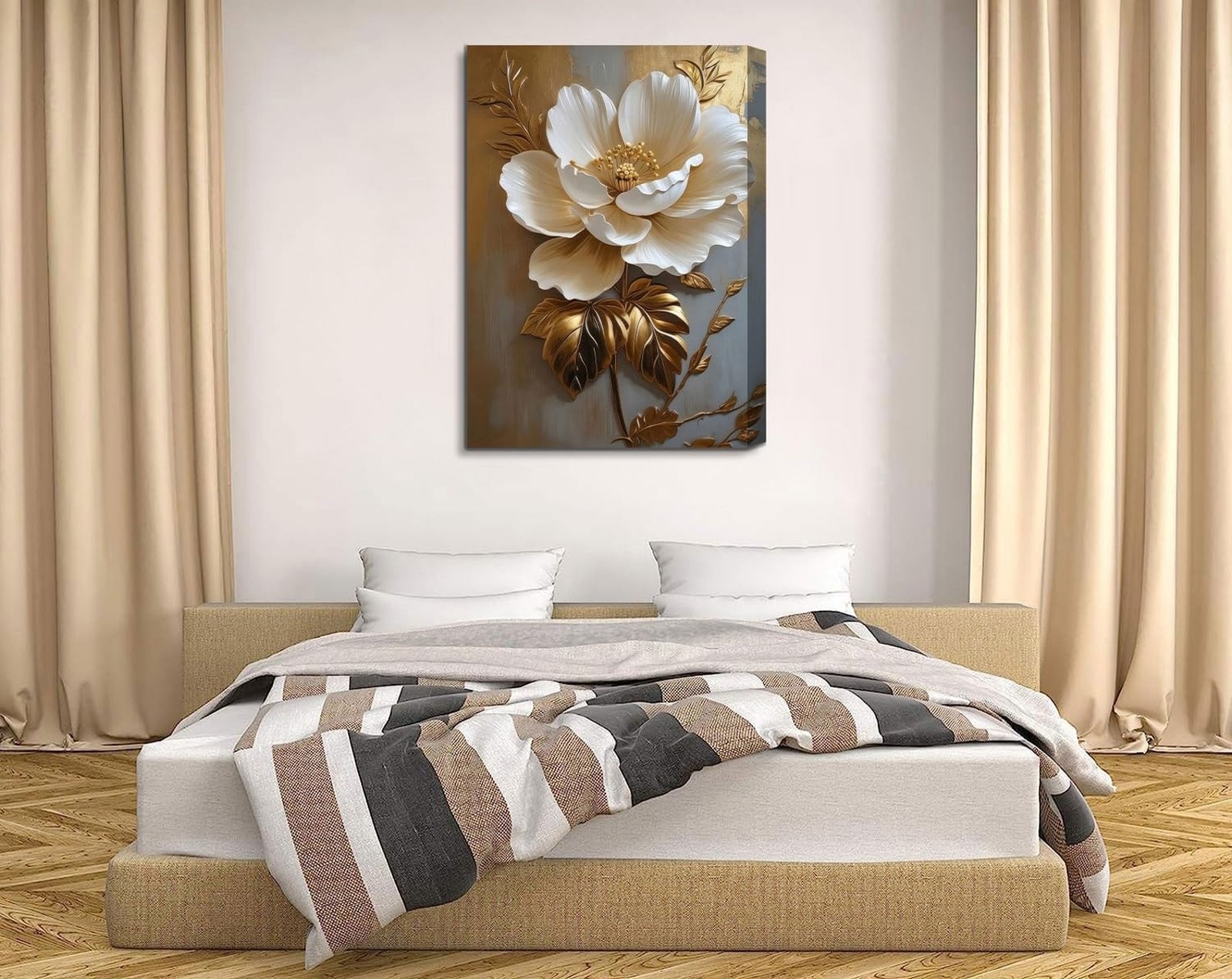 Flower Pictures Canvas Wall Art White Gold Flowers Elegant Wall Decor Picture…