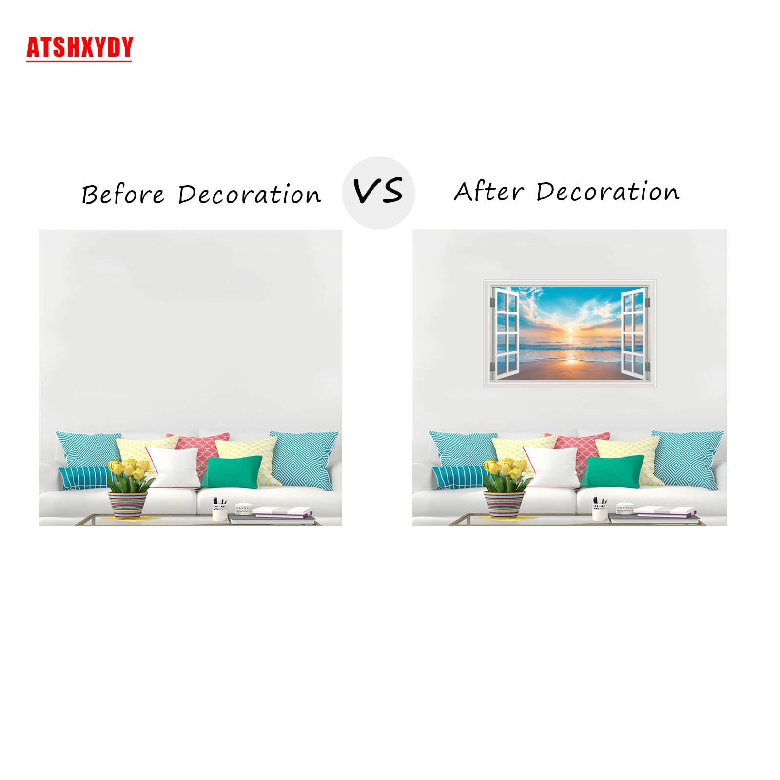 Fake Window Wall Decal Summer Ocean Beach Seascape Faux Window Poster Sticker…