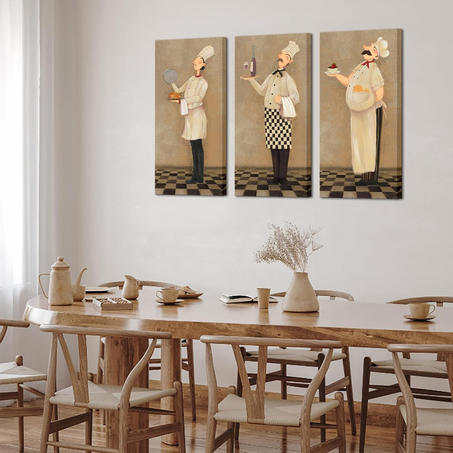 Funny French Chef Vintage Wall Art Set for Kitchen & Dining Room Decor 3Pcs