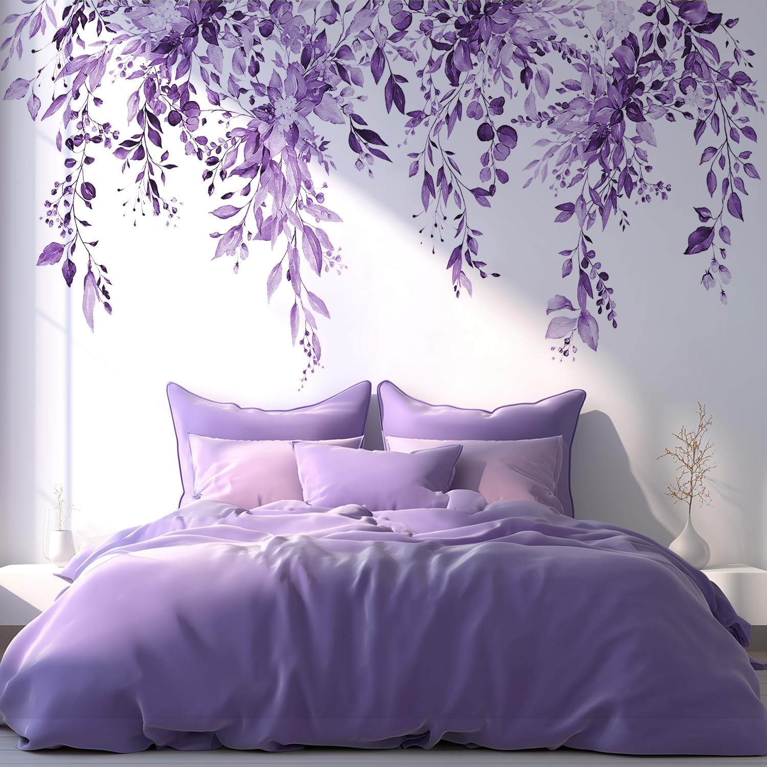 Purple Plants Leaves Wall Decals Peel and Stick, Large Floral Flowers Wall St…