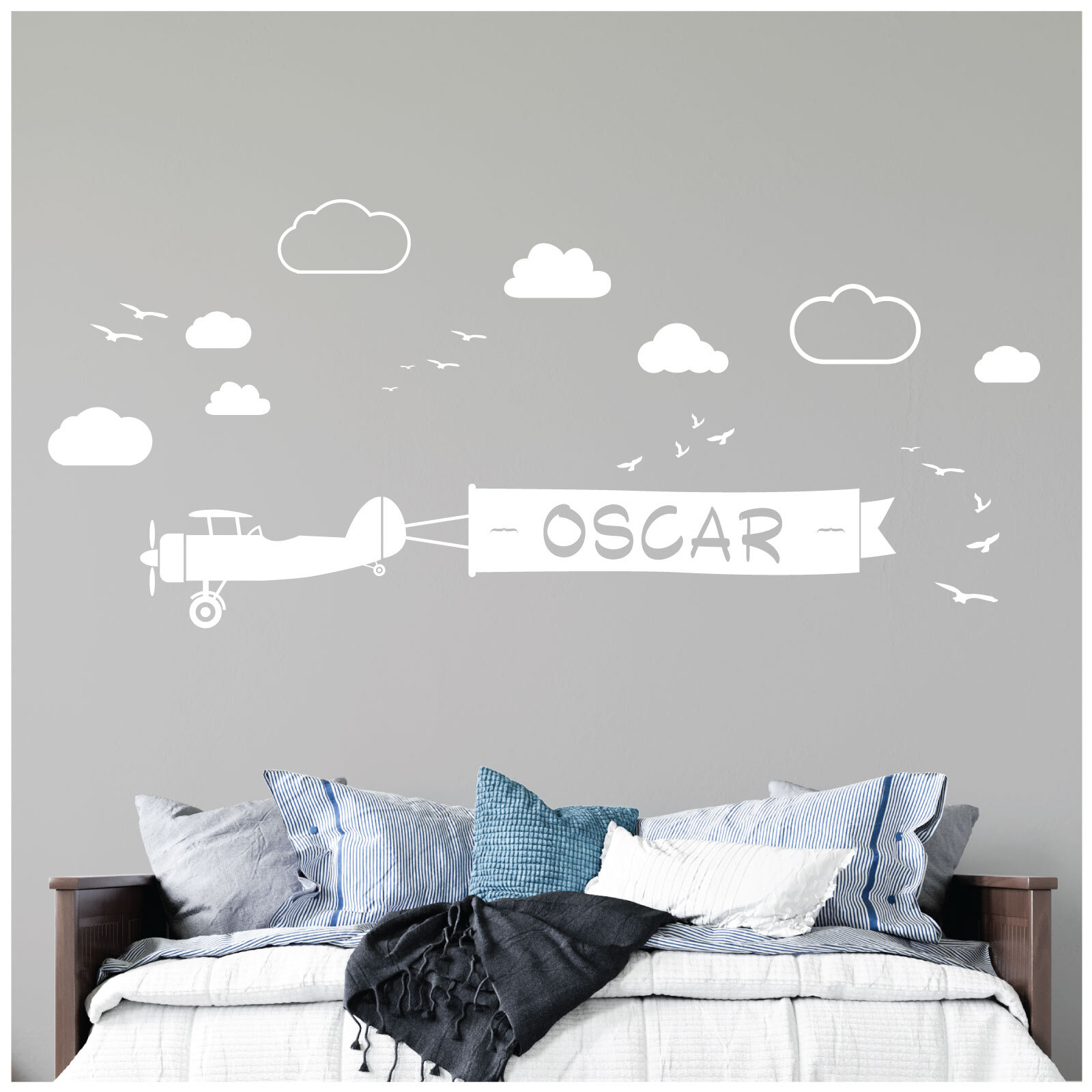 Personalised Name Children Plane Wall Art Sticker – Airplane with Ribbon Flyi…
