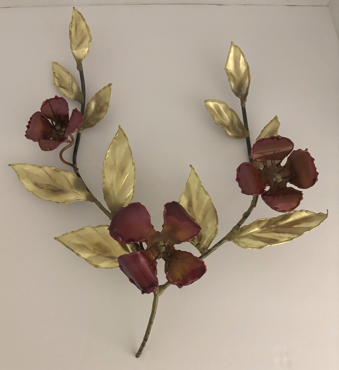 Wall Art Scupture/Enamel Metal Leaves & Branches W/Flowers 18"H x 16"W