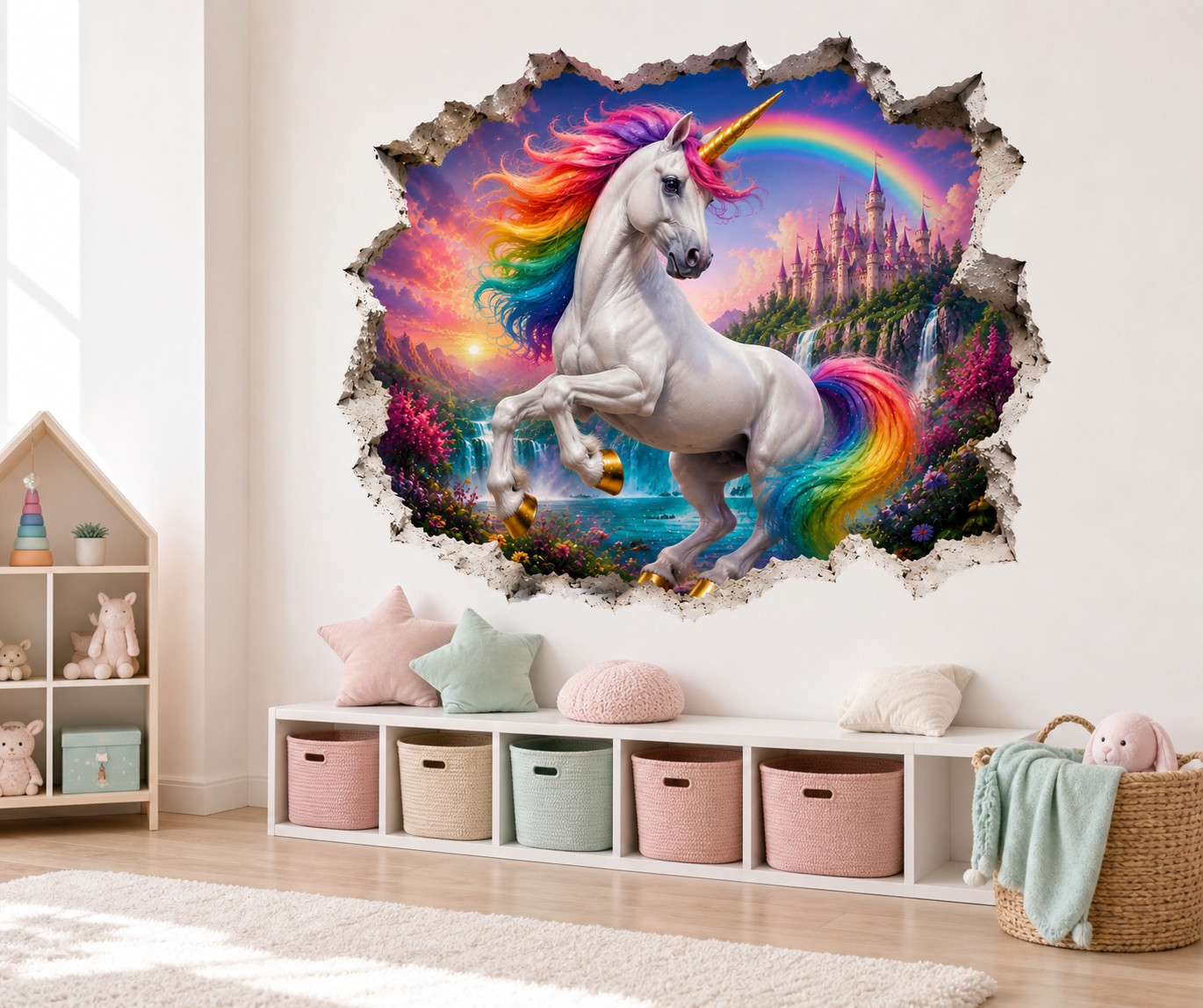 3D Unicorn Wall Decal Rainbow Castle Sticker Fantasy Girls Room Decor M-108
