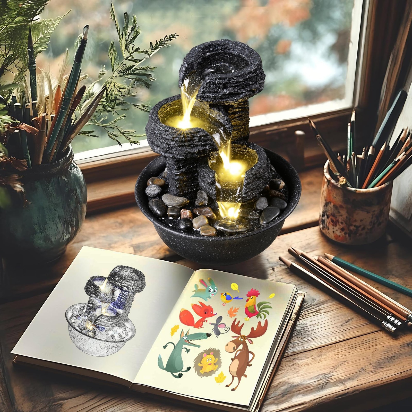 Rock Style Tabletop Fountain with LED Light – Indoor Waterfall Feature for