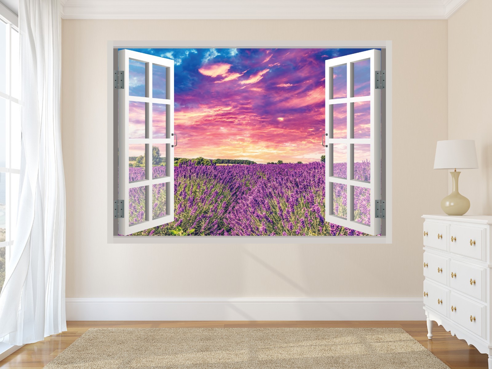3D Window View Wall Decal Lavender Sunset Vinyl Sticker Mural Fake Window M-114