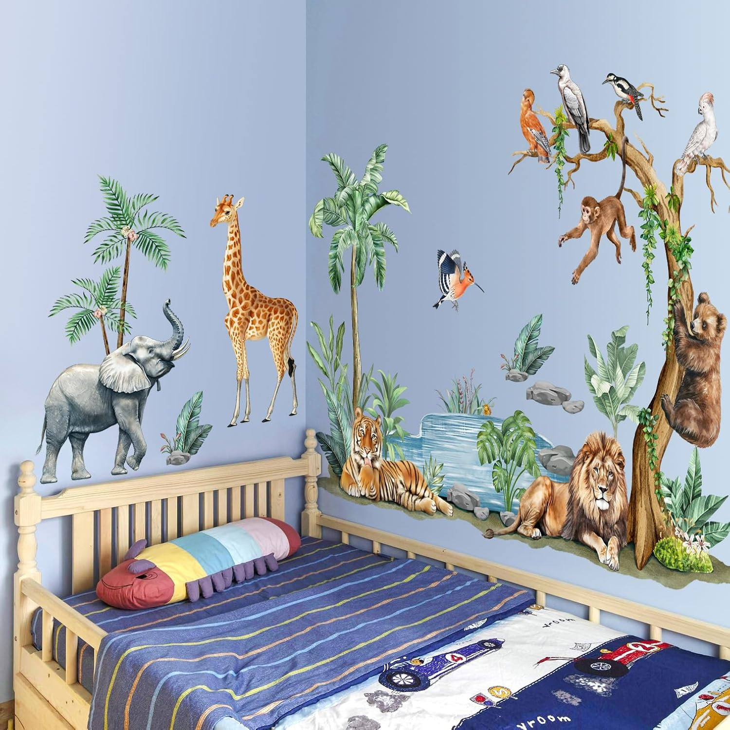 Watercolor Safari Animal Wall Decals – Jungle Tiger Lion Elephant Giraffe Monkey