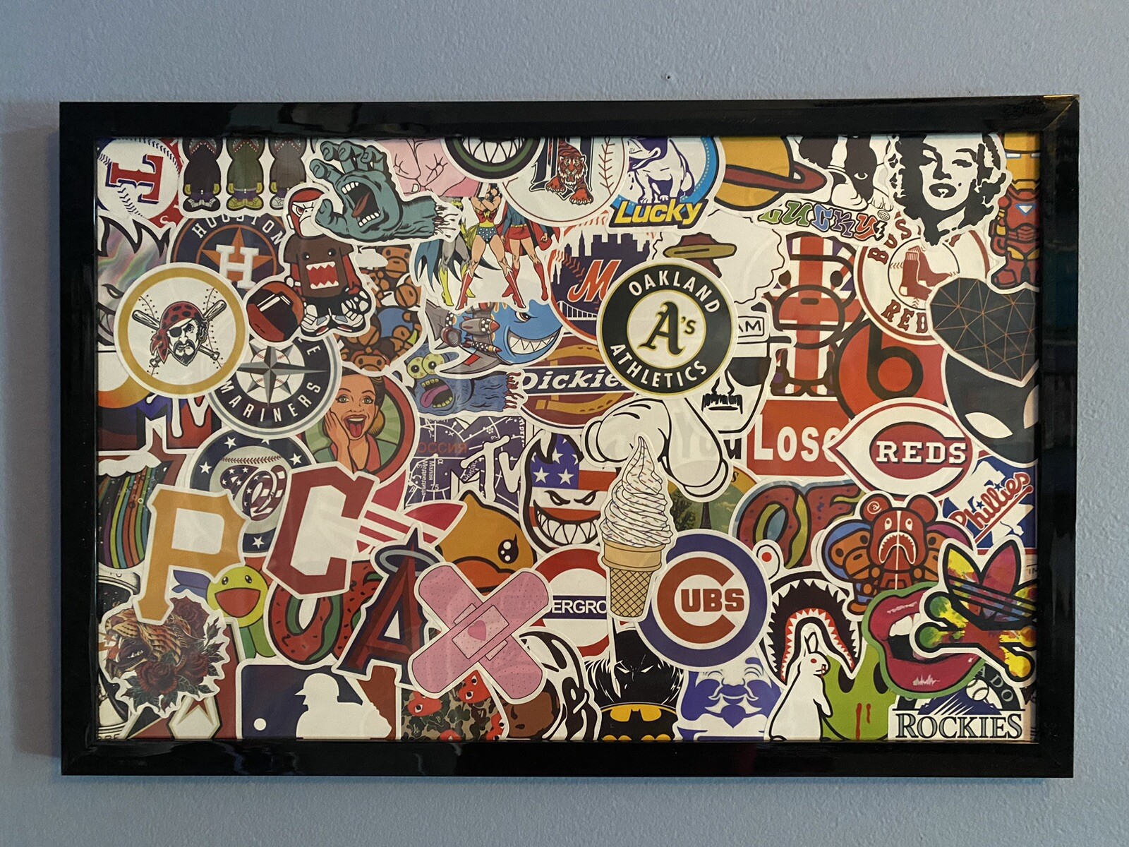 Framed Sticker Art Decal Collage MLB + Random Skate Stickers (11x17in)