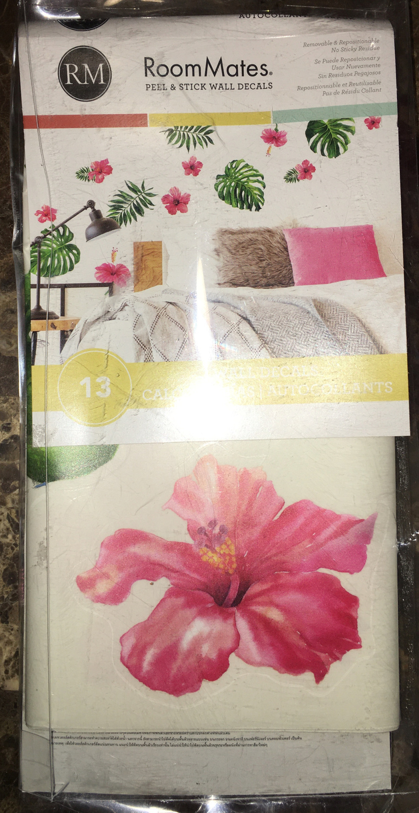 Roommates Tropical Hibiscus Flower Peel And Stick Wall Decals, Pink, Green, Oran
