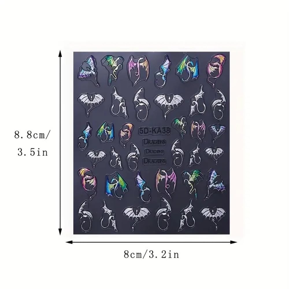 2 Sheets 5D Embossed Nail Art Stickers, Silvery Colored Bat Flying Dragon Q2