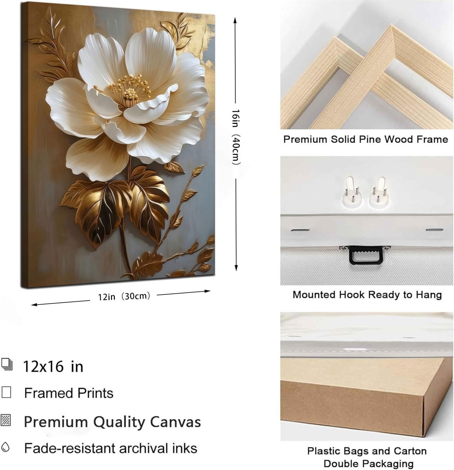 Flower Pictures Canvas Wall Art White Gold Flowers Elegant Wall Decor Picture…