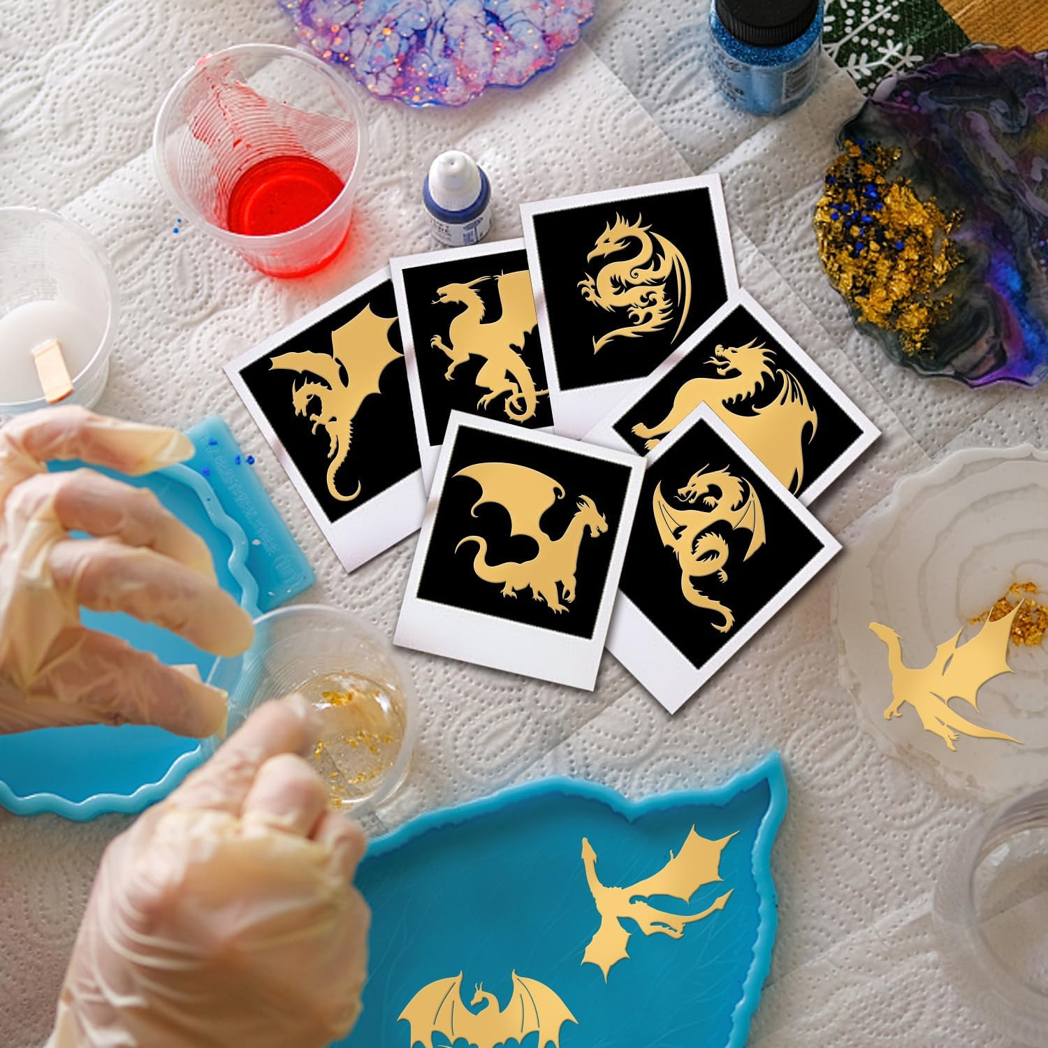 9 Pcs 1.6X1.6 Inch Dragon Pattern Stickers Self Adhesive Metal Stickers Golden S
