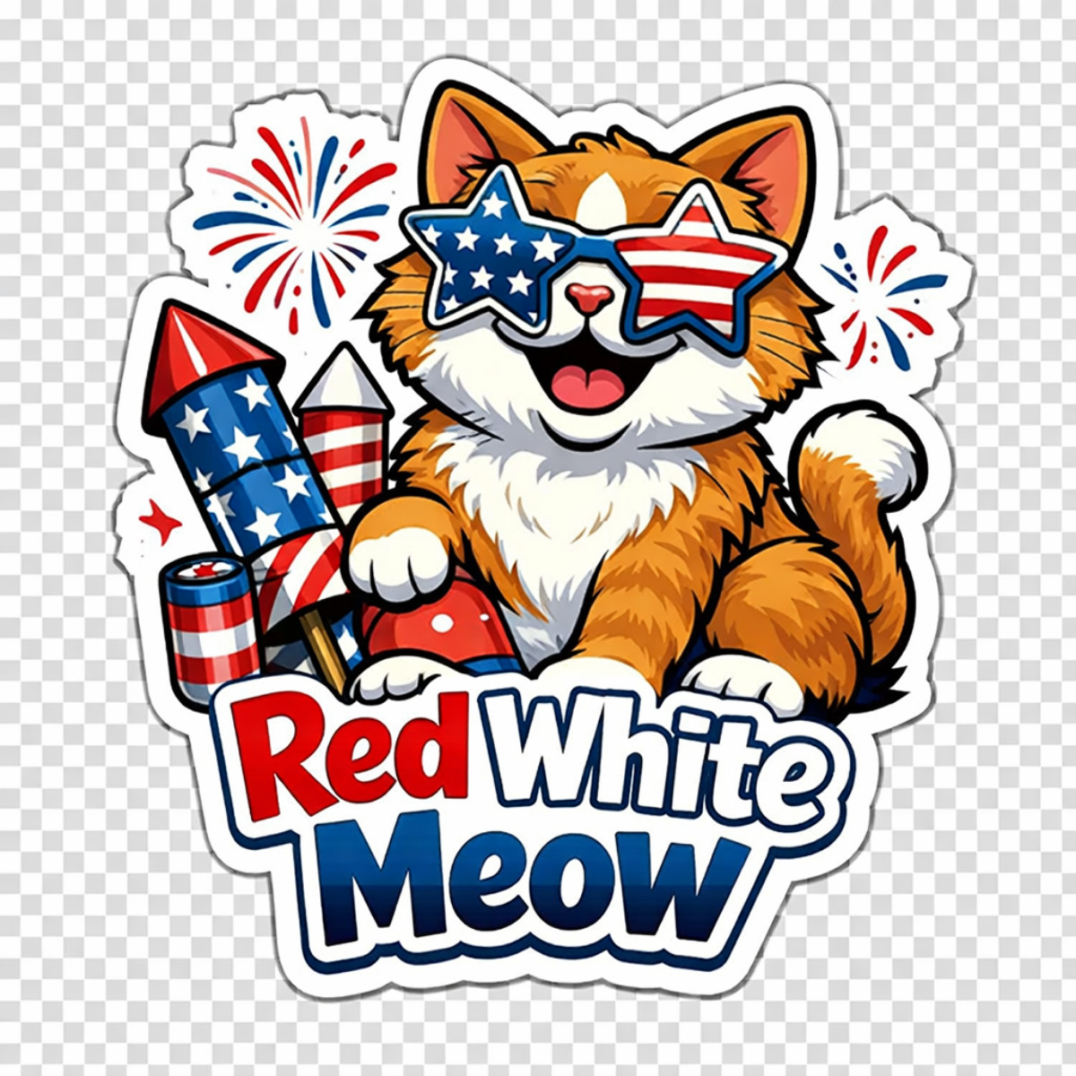 3 inch Red White Meow Patriotic Cat Vinyl Sticker 4th of July Funny Cat