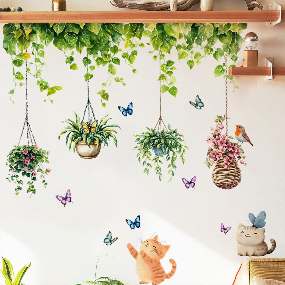 iMagitek Hanging Plants Wall Decals Garden Butterfly with Cat Bird Wall Stick…