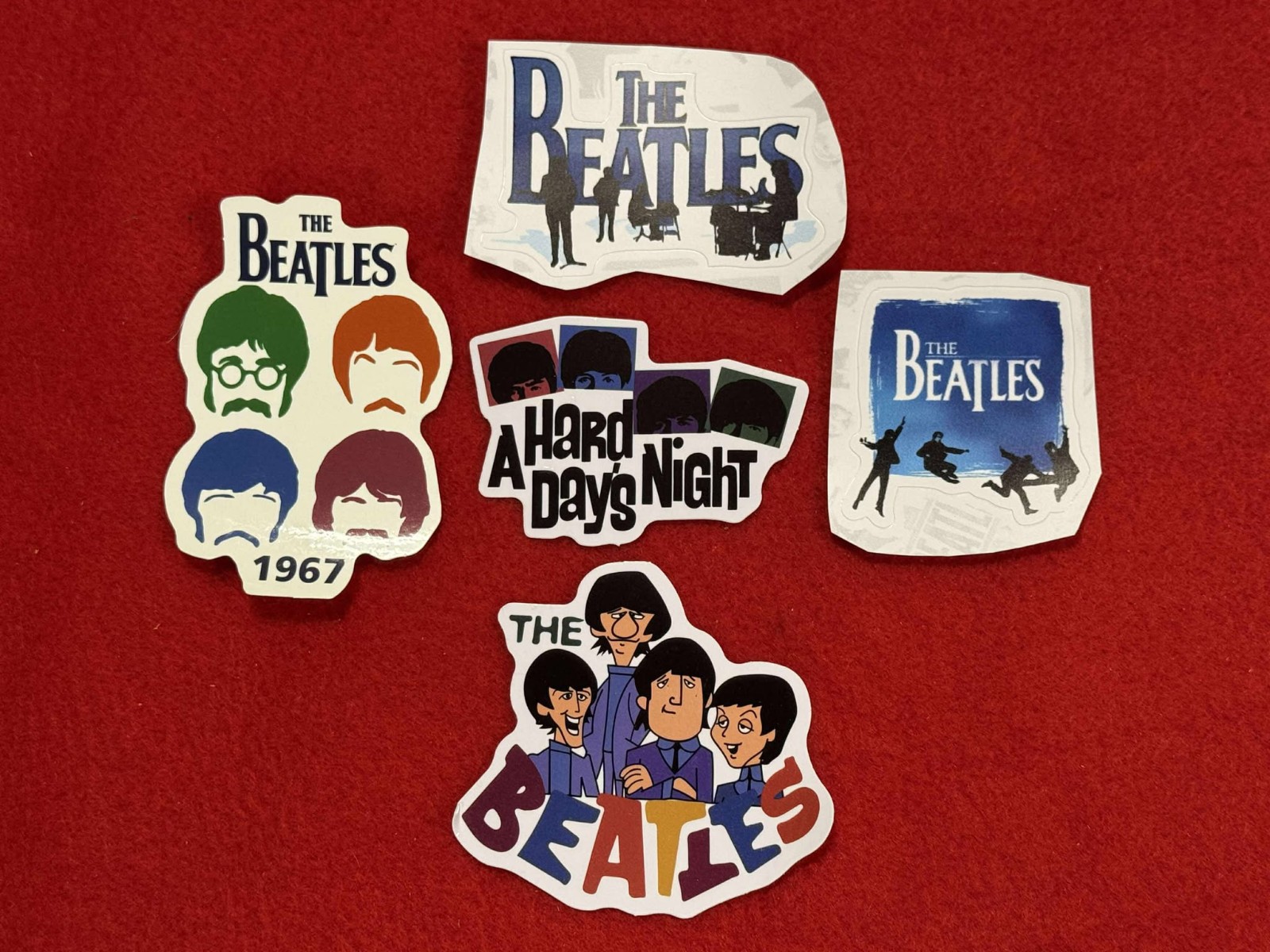THE BEATLES Lot (5) 1 3/4" to 3" Band Logo STICKERS Free Ship! Hard Days Night