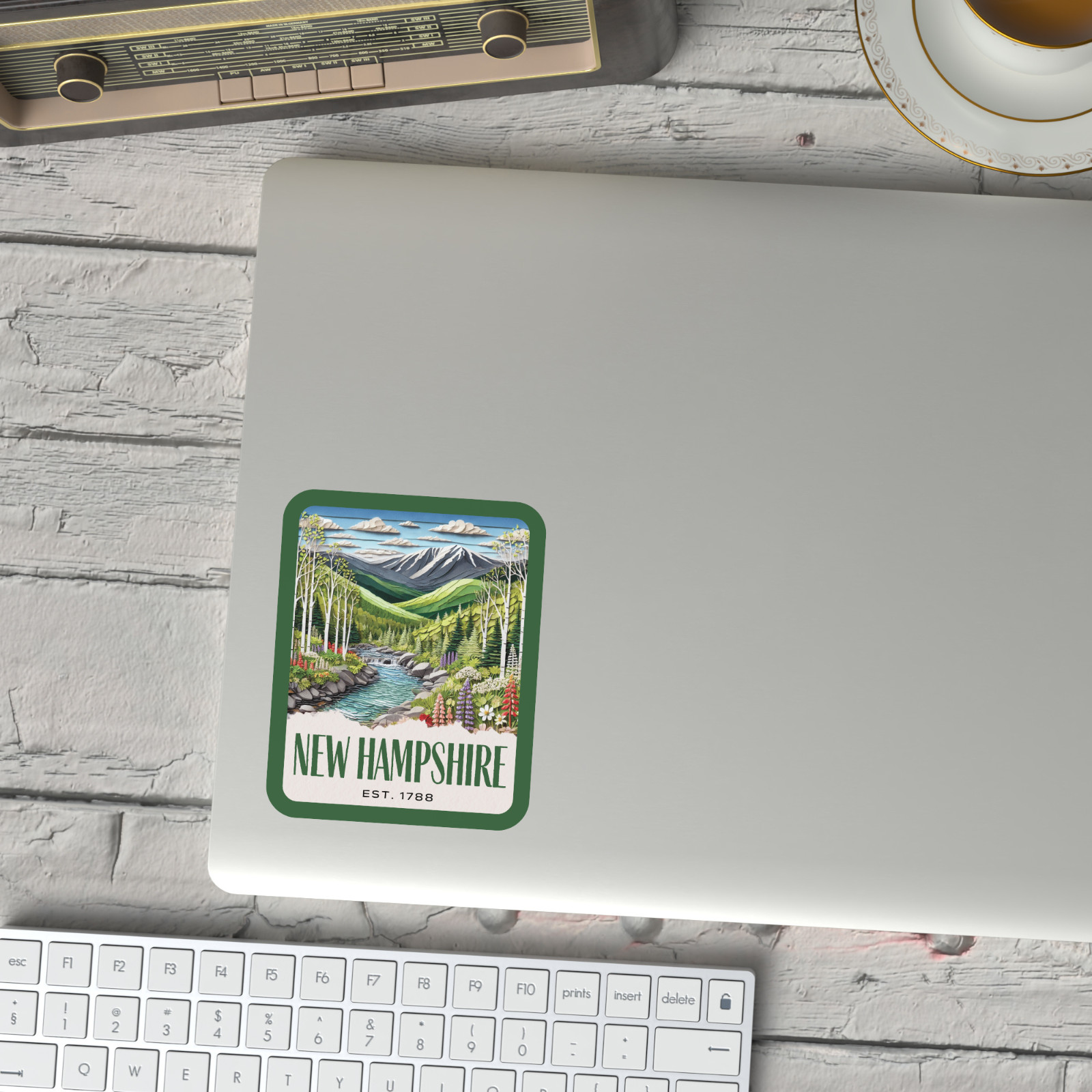 New Hampshire State Sticker, Paper Collage Look, White Mountains Vinyl Decal