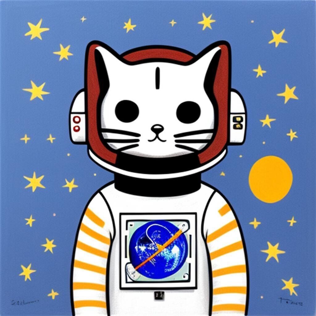 Space Cat Folk Art Phone Sticker (2 Inch) Cute Removable Vinyl Waterproof Kitty