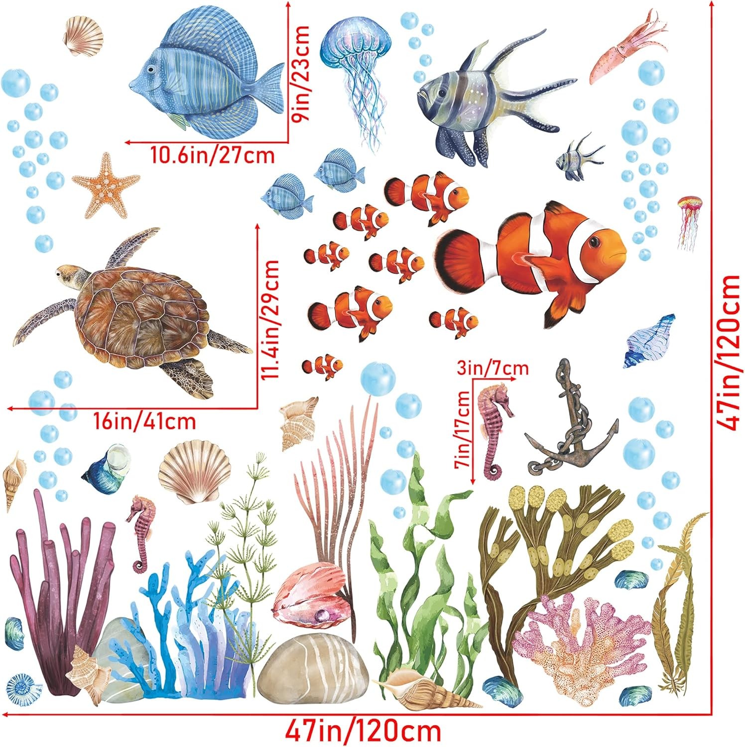 3D Ocean Wall Stickers Under The Sea Decals 12 inch x 18 inch, Blue