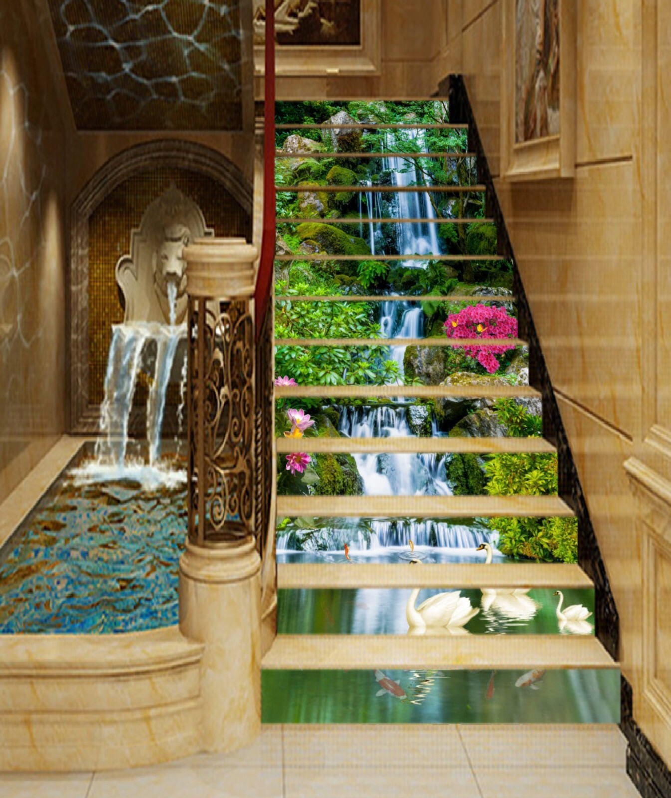 3D Waterfall Swan AZ953 Stair Risers Decoration Mural Vinyl Wallpaper Kay