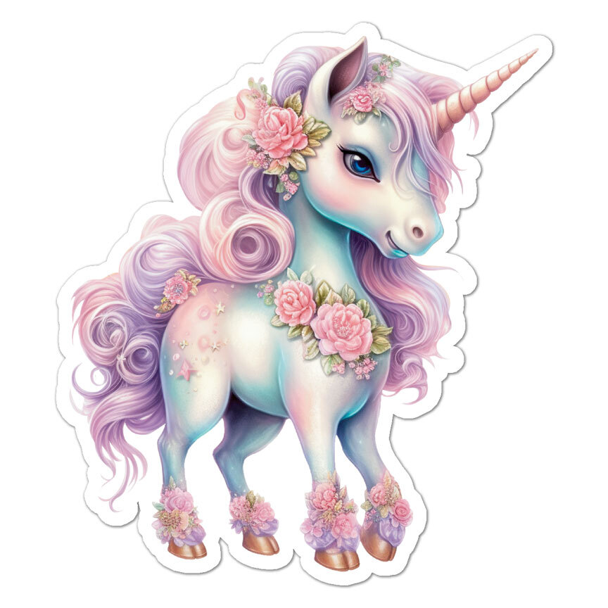 Cute Unicorn Roses, Vinyl Decal Sticker, Indoor Outdoor, 3 Sizes, #9202