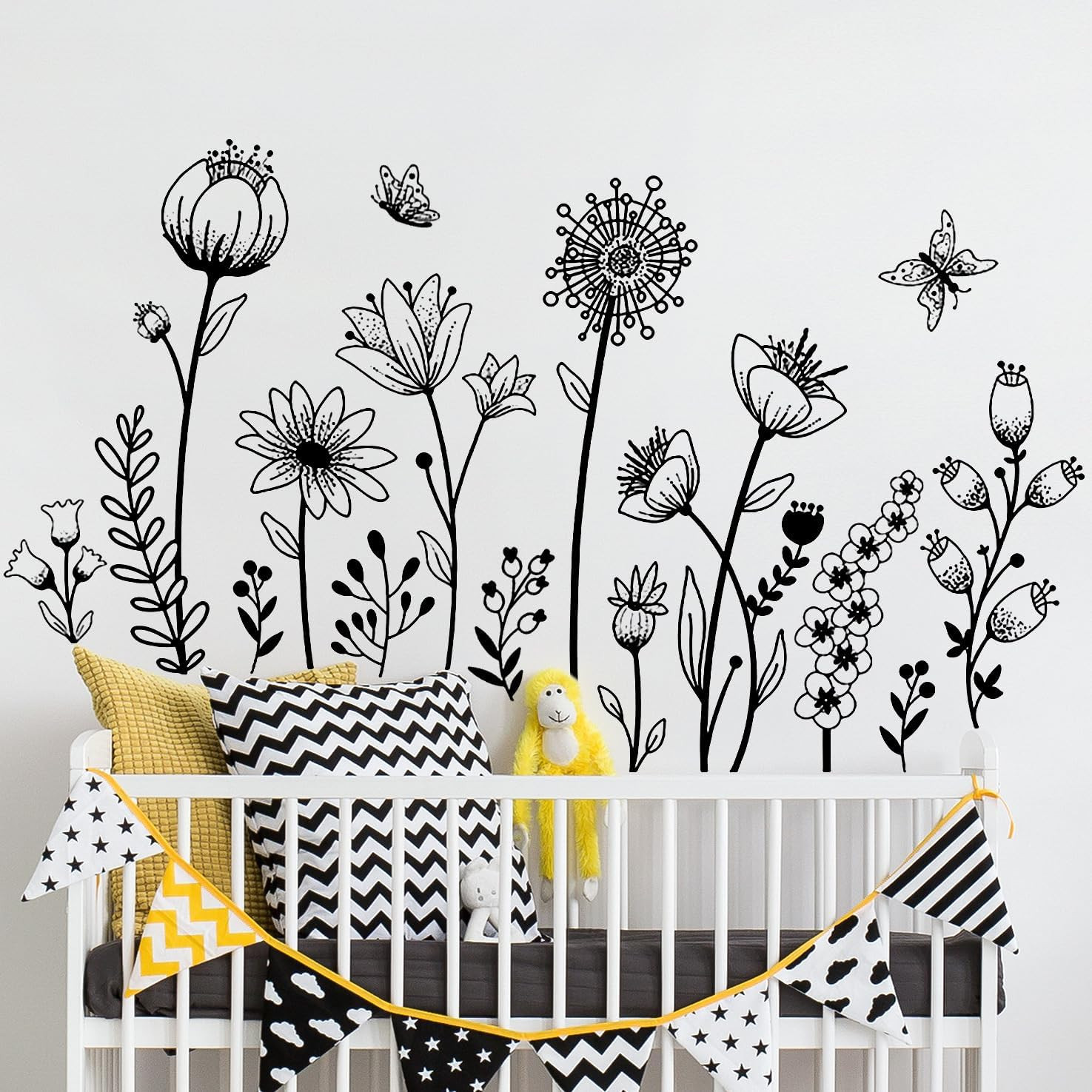 Black Flower Wall Decals Peel and Stick Simple Boho Flower Wall Sticker Wildflow