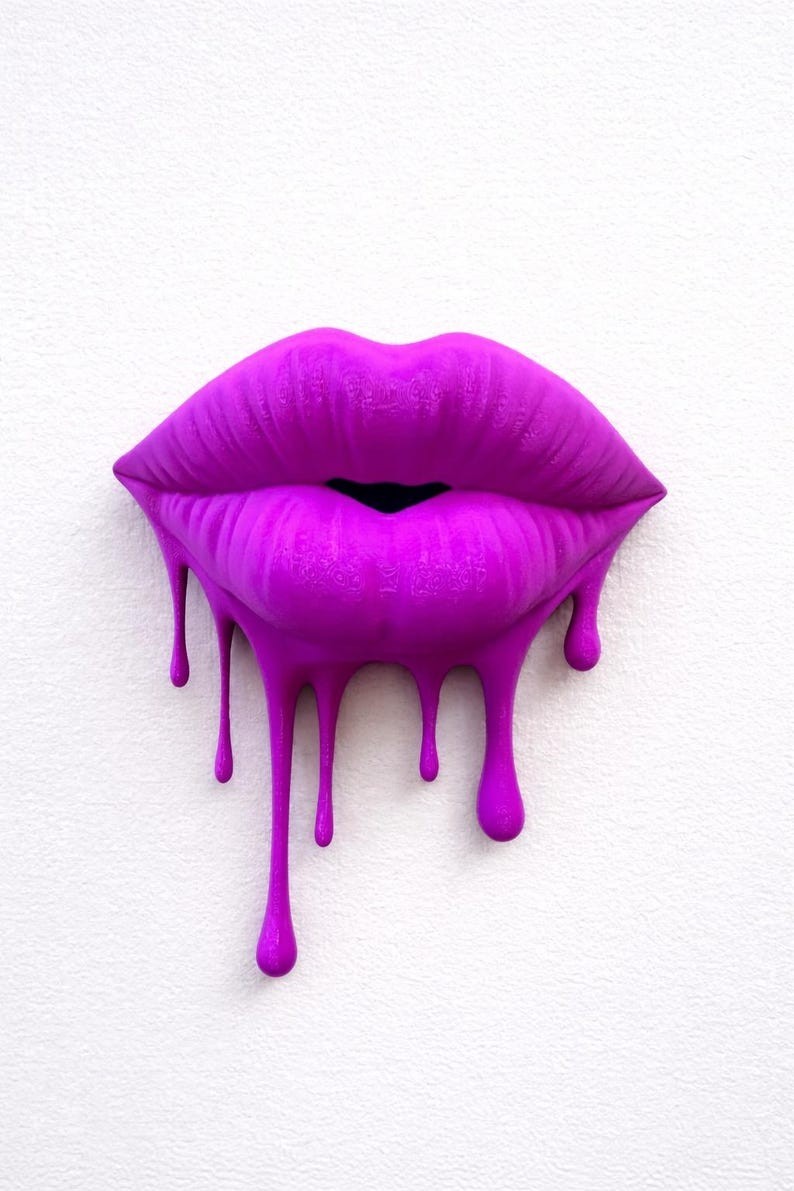 3D Effect Pop Art Lips Wall Decal, Purple & Yellow Dripping Lips Wall Decor