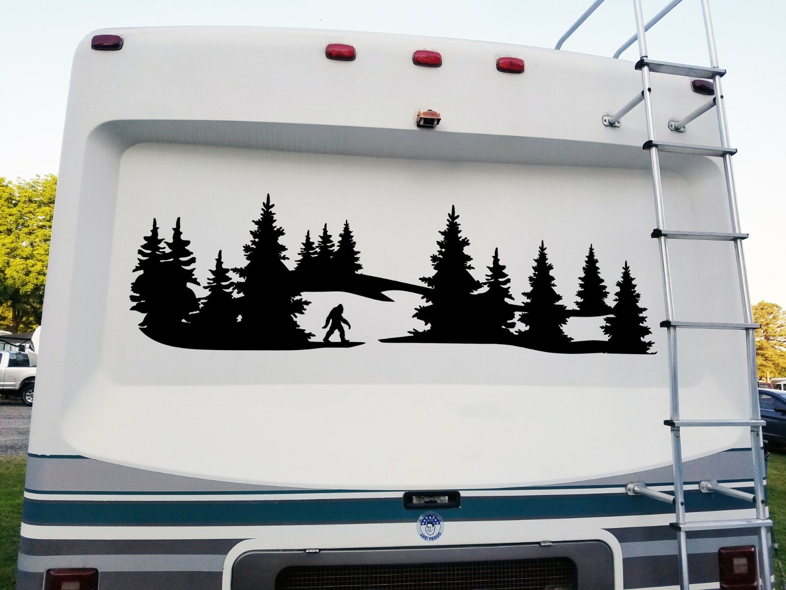 Bigfoot Mountain Forest Scene Vinyl Decal V12 | Sasquatch PNW RV 4×4 Graphics