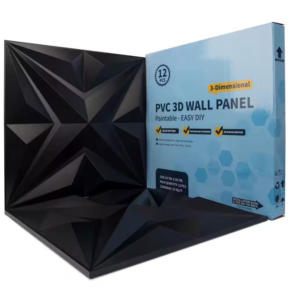 19.7 In. X 19.7 In. 32 Sq. Ft. Black PVC 3D Wall Panel Star Textured for Interio