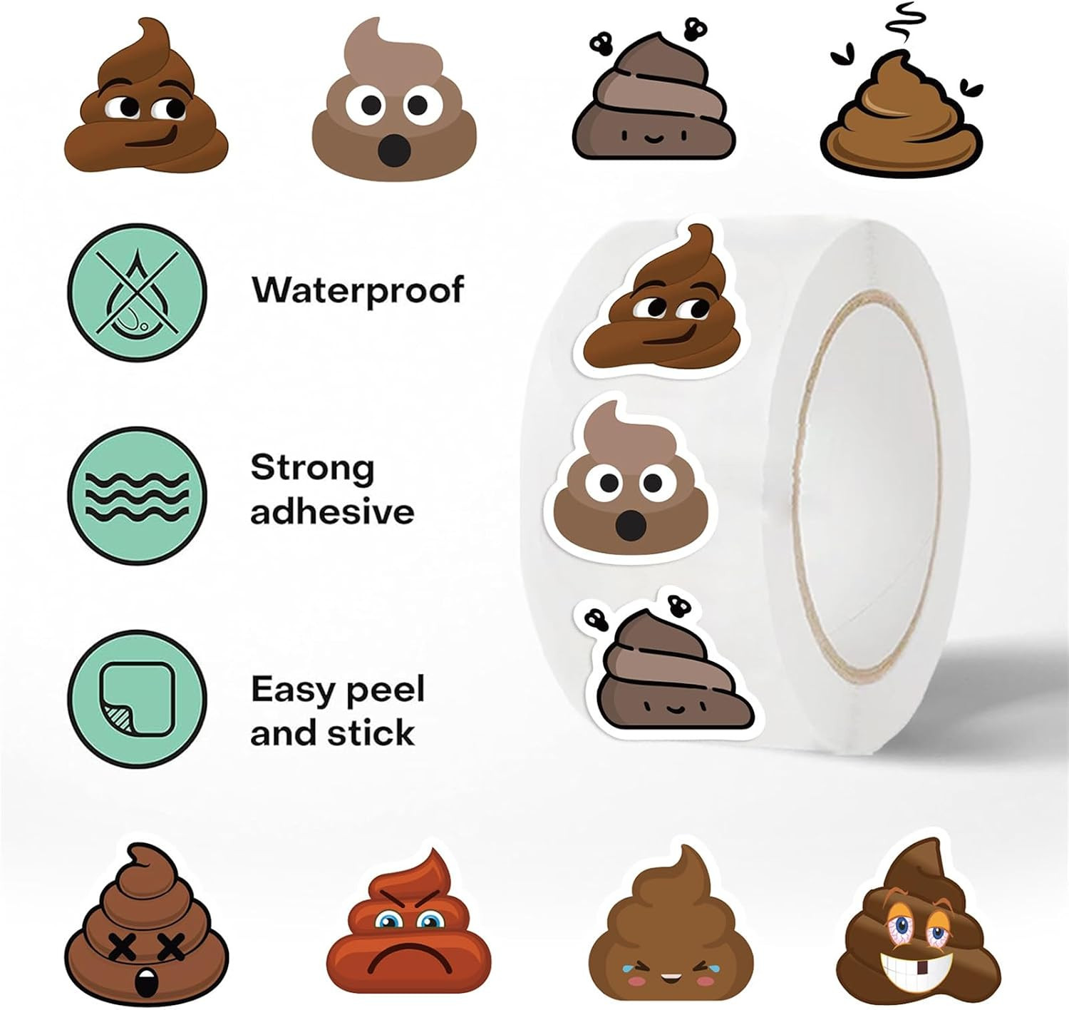 500 Assorted Funny Poop Stickers Roll for Classroom or Home Use
